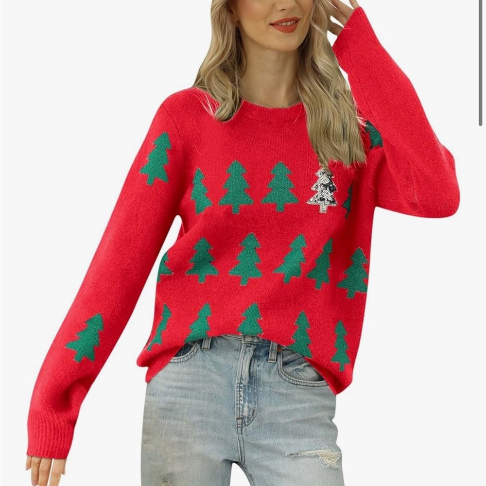 Red and Green Christmas Tree Pattern Sweater